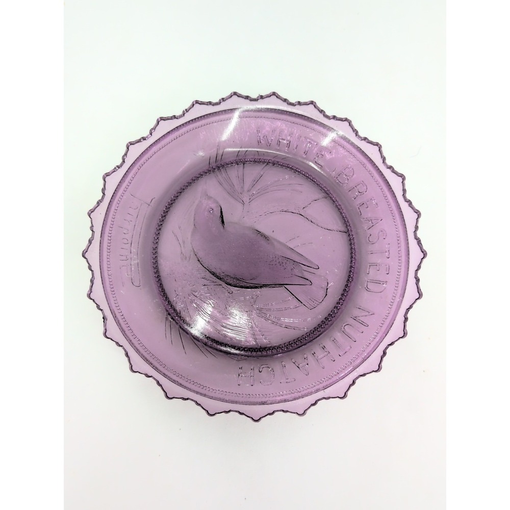 VTG Pairpoint Glass  Cup Plate White Breasted Nuthatch Purple Bird